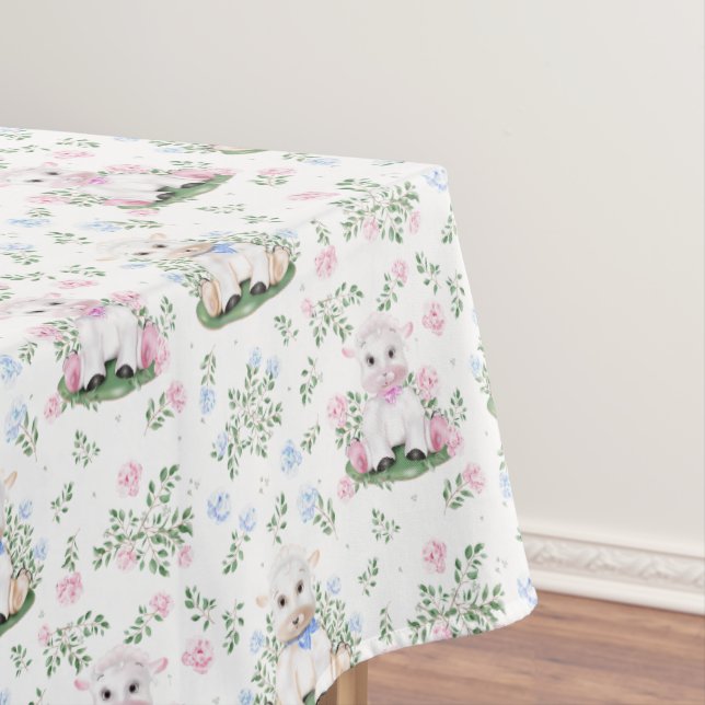 Lamb Gender Reveal Baby Shower Tablecloth (In Situ)