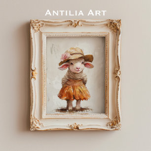 Lamb in Skirt Painting Vintage Farm Animal Sheep Poster