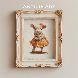 Lamb Orange Skirt Painting Cute Sheep Animal Poster
