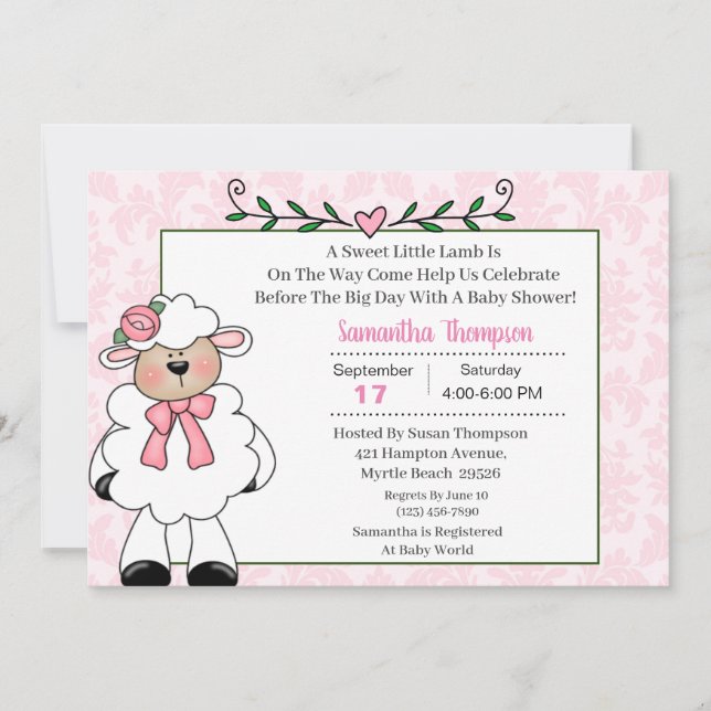 Lamb Pink Baby Shower Invitations (Front)