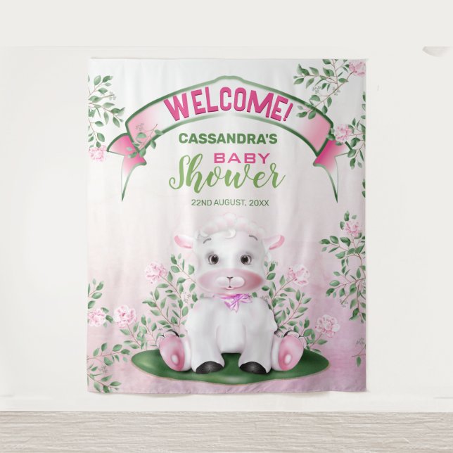 Lamb Pink Floral Baby Shower Backdrop Tapestry (Front)