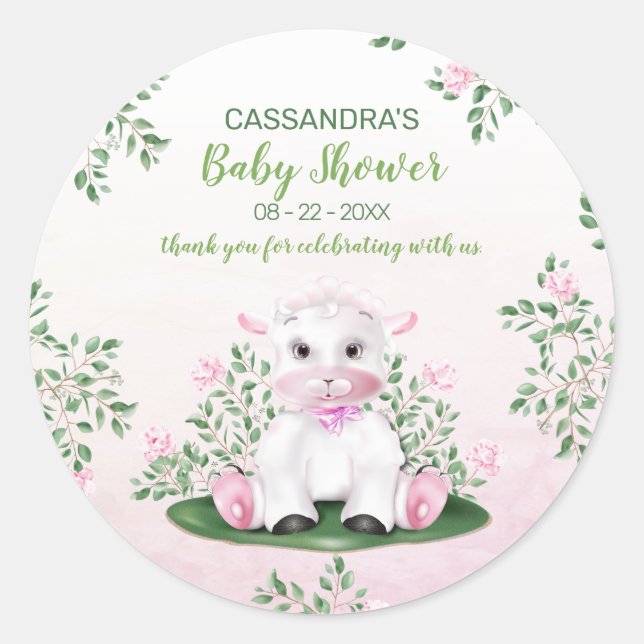 Lamb Pink Floral Baby Shower Classic Round Sticker (Front)