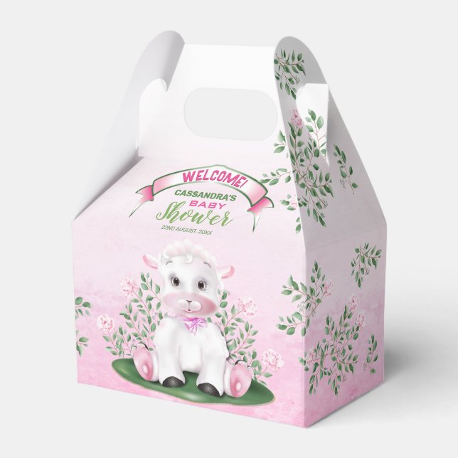 Lamb Pink Floral Baby Shower Favour Box (Front Side)