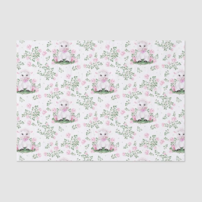 Lamb Pink Roses Floral Baby Shower Tissue Paper (Front)