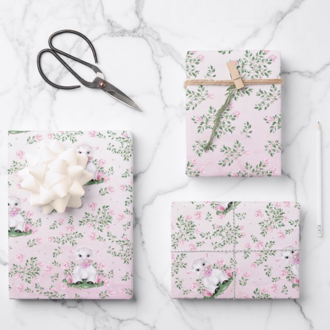 Lamb Pink Roses Floral Baby Shower Wrapping Paper (Front)