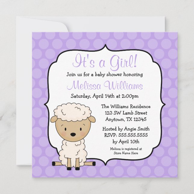 Lamb Purple Dots Girl Baby Shower Invitations (Front)