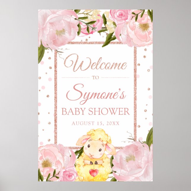 Lamb Rose Gold and Pink Peony Baby Shower Welcome Poster (Front)