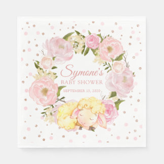 Lamb Rose Gold and Pink Peony Girl Baby Shower Napkin
