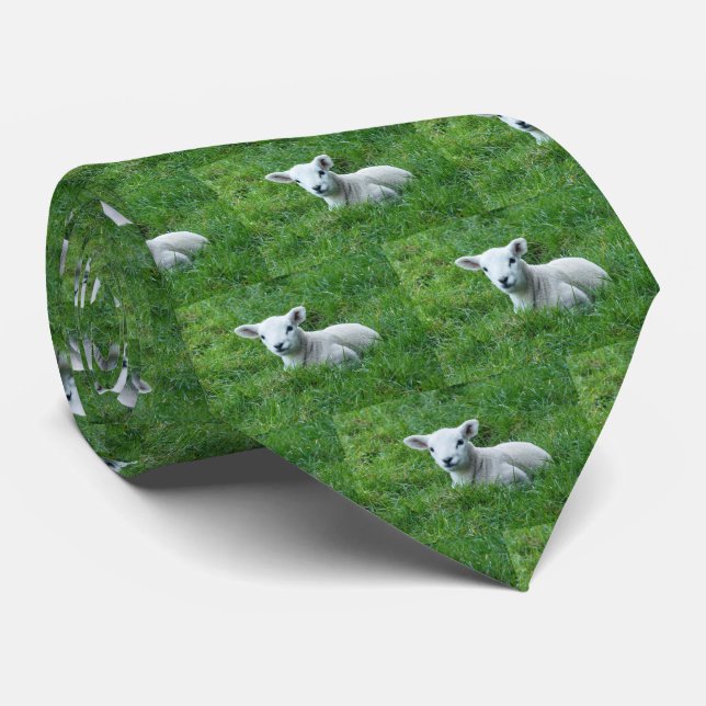 Lamb Sheep Livestock on Green Grass Print Neck Tie (Rolled)