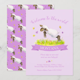 Lamb skipping cute welcome to the world purple invitation