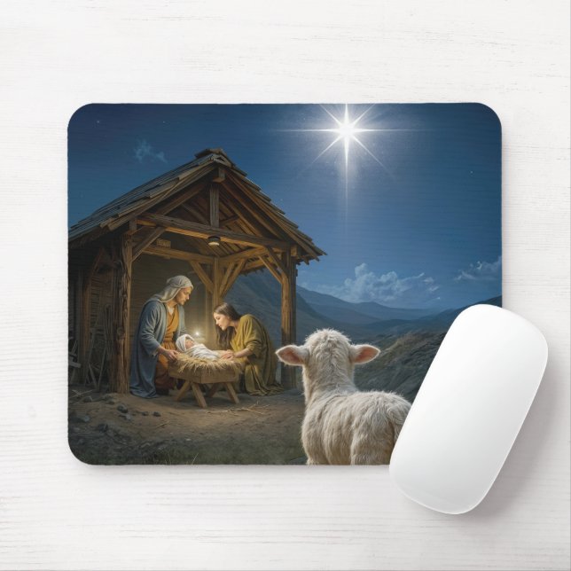 Lamb Watching the Nativity Scene Mouse Mat (With Mouse)