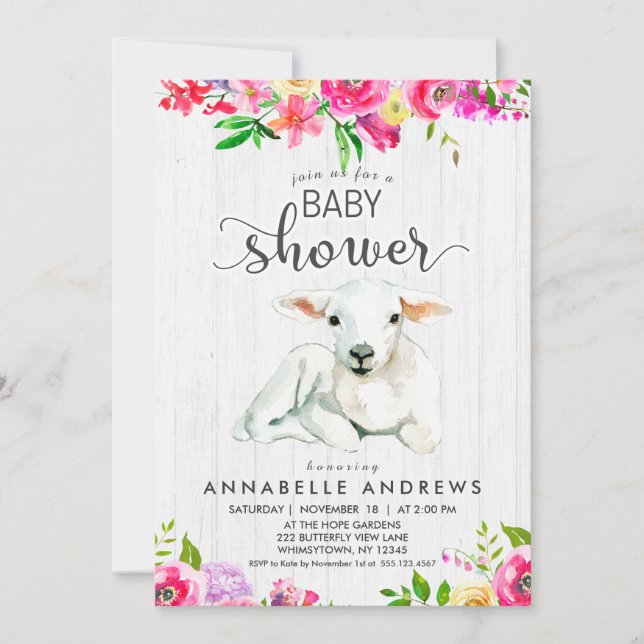 Lamb & Watercolor Floral Baby Shower Invitation (Front)