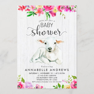 Lamb & Watercolor Floral Baby Shower Invitation