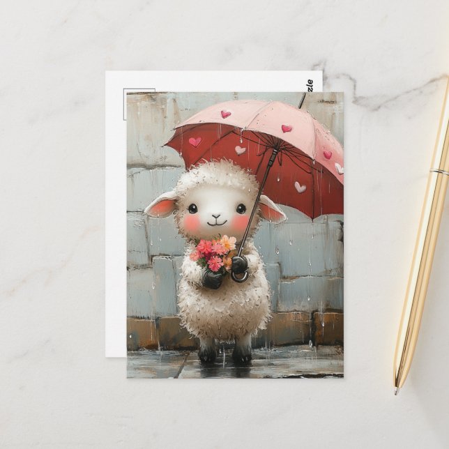 Lamb with Flowers and Umbrella Postcard (Front/Back In Situ)