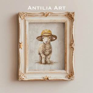 Lamb with Hat Painting Whimsical Farm Animal Sheep Poster