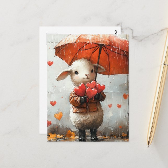 Lamb with Hearts and Umbrella Postcard (Front/Back In Situ)