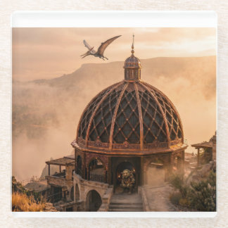 Lamella Domed Building On Fantasy Scene Glass Coaster