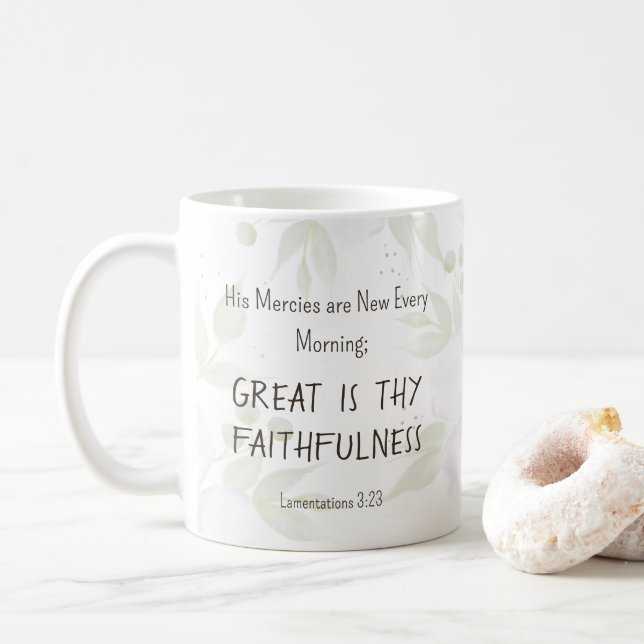 Lamentations 3:23  Religious Inspirational Quote Coffee Mug (With Donut)