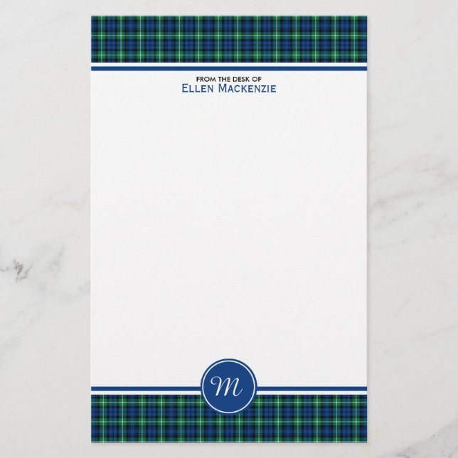 Lamont Clan Bright Blue and Green Tartan Monogram Stationery (Front)