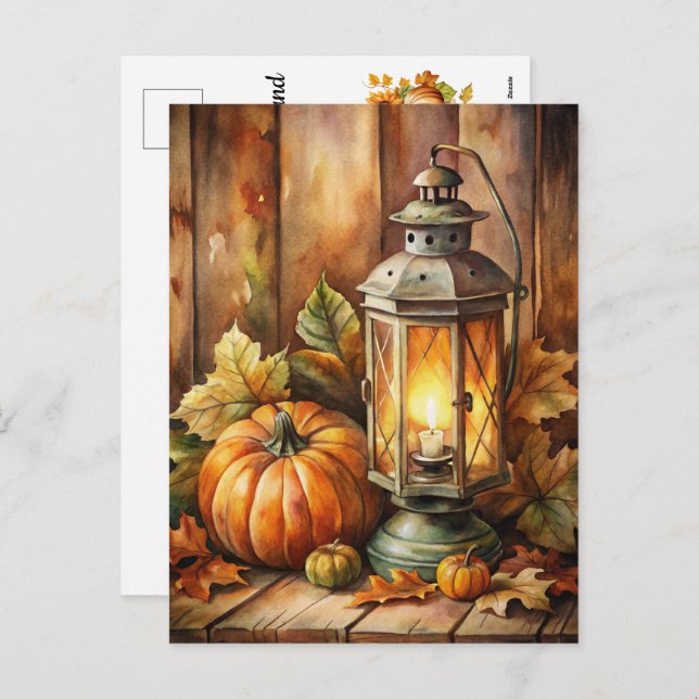 Lamp and Pumpkins Welcome Fall Holiday Postcard (Front/Back)