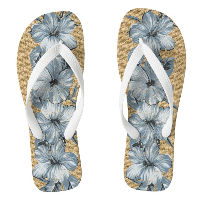 Lanai Distressed Hawaiian Hibiscus - Blue Flip Flops (Footbed)