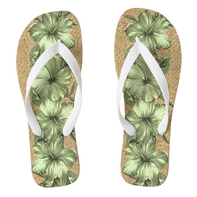 Lanai Distressed Hawaiian Hibiscus - Green Flip Flops (Footbed)