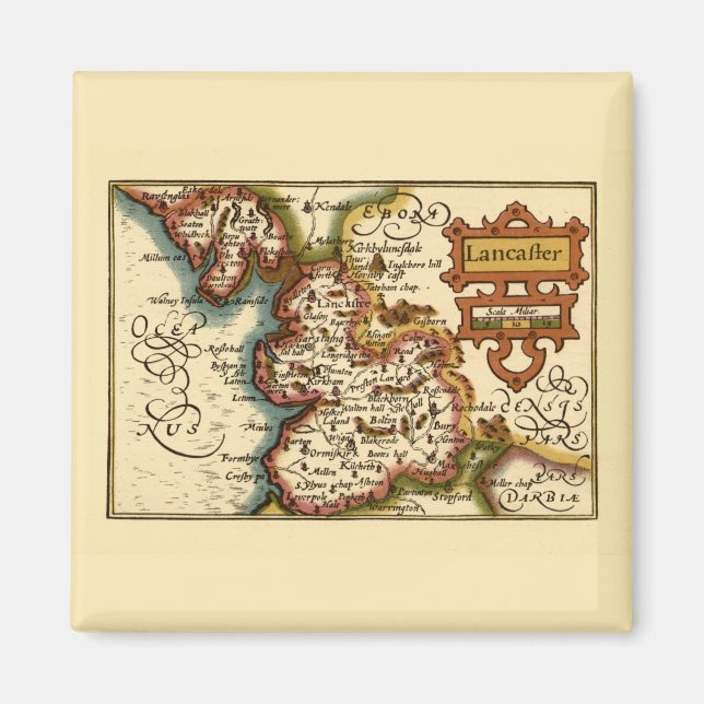 Lancashire County England Old Antiquarian Map Magnet (Front)