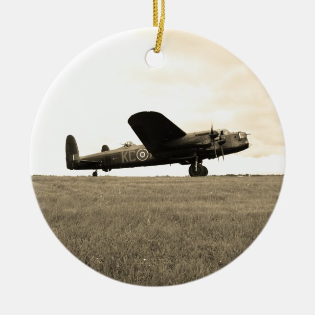 Lancaster Bomber Sepia Tone Ceramic Tree Decoration (Front)