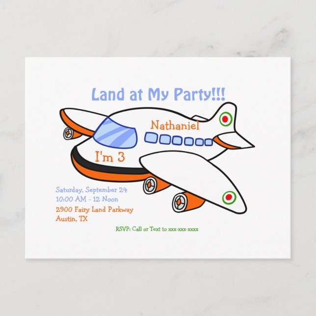 Land at My Party Aeroplane Themed Kids Invitation Postcard (Front)