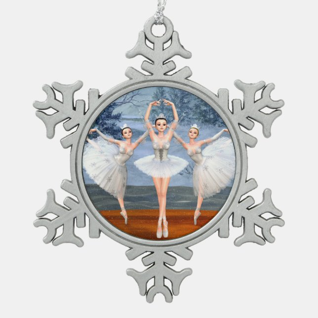 Land of Snow Dancing Ballerinas Snowflake Pewter Christmas Ornament (Front)