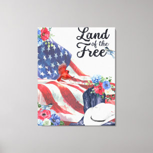 Land of the Free Watercolor flag/Hat/Boots/Flowers Canvas Print