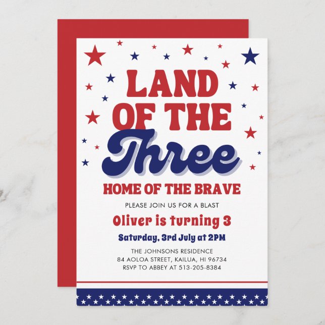 Land of the Three 4th July Patriotic 3rd Birthday Invitation (Front/Back)
