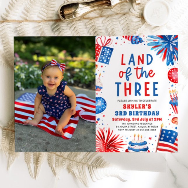 Land of the Three 4th July Patriotic 3rd Birthday  Invitation (Watercolor Fireworks Patriotic 4th of July Land of the Three 3rd Birthday Invitation)