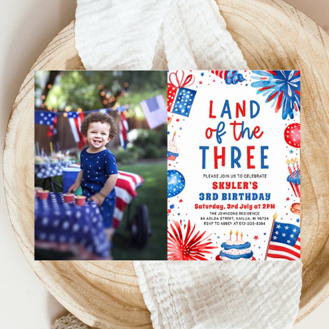 Land of the Three 4th July Patriotic 3rd Birthday  Invitation (Watercolor Fireworks Patriotic 4th of July Land of the Three 3rd Birthday Invitation)