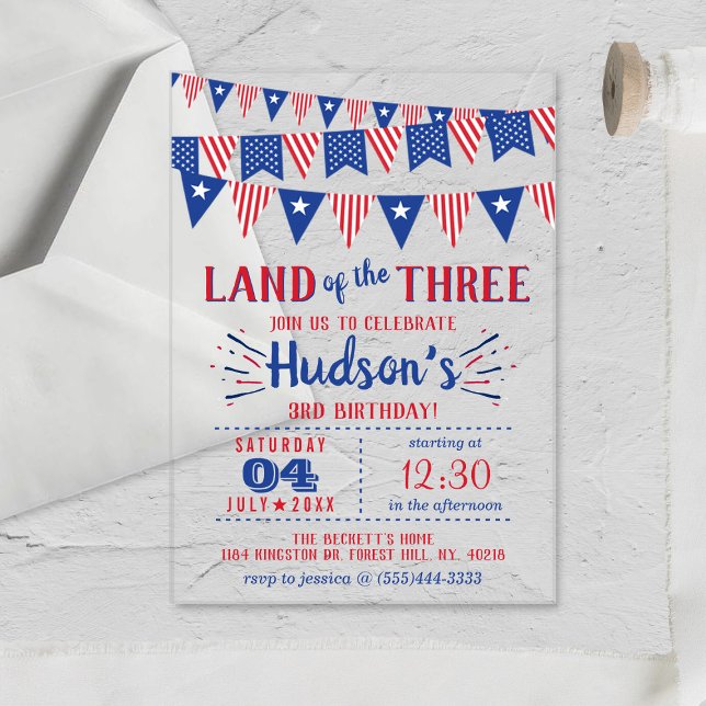 Land Of The Three! 4th Of July 3rd Birthday Party Acrylic Invitations (Creator Uploaded)