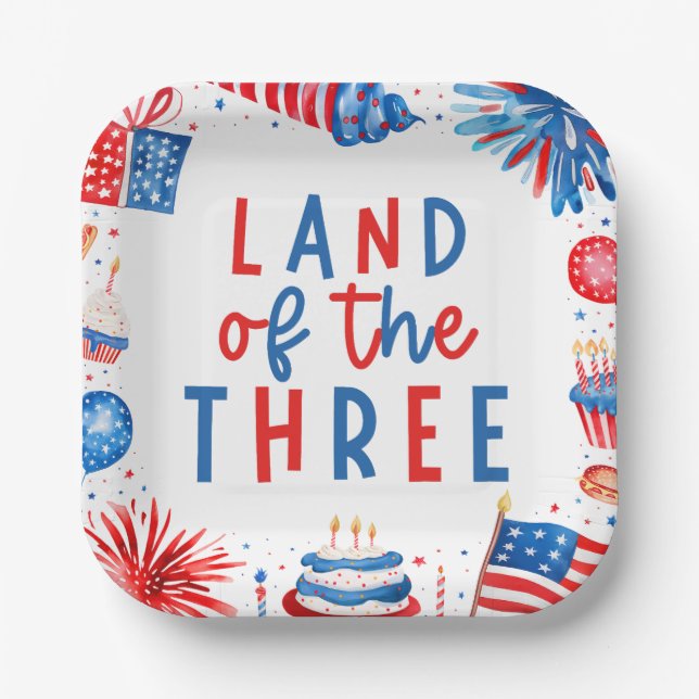 Land Of The Three 4th of July 3rd Birthday Party Paper Plate (Front)