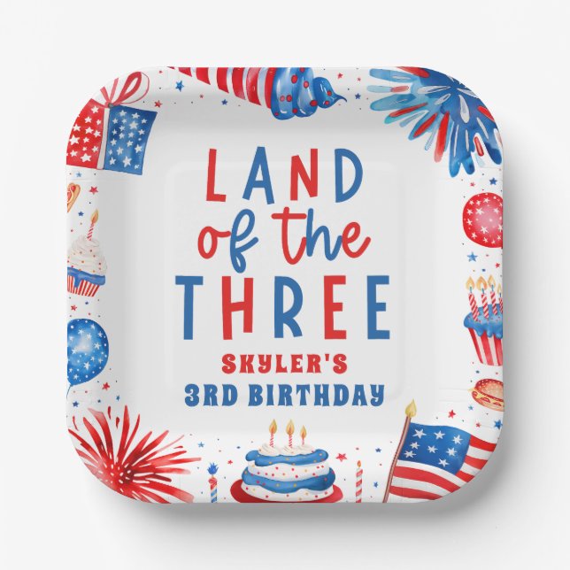 Land Of The Three 4th of July 3rd Birthday Party Paper Plate (Front)