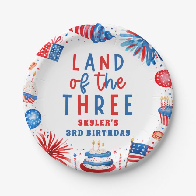 Land Of The Three 4th of July 3rd Birthday Party Paper Plate (Front)