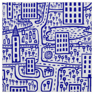 Land of Towers - Navy Blue on White Fabric
