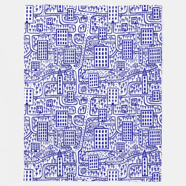 Land of Towers - Navy Blue on White Fleece Blanket (Front)