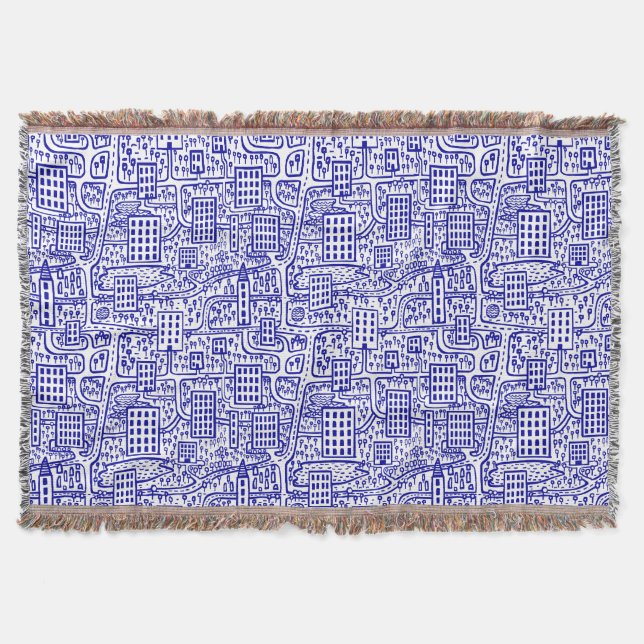 Land of Towers - Navy Blue on White Throw Blanket (Front)