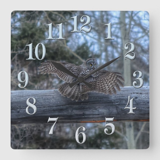 Landing Great Grey Owl and Ranch Gate Pole Square Wall Clock (Front)