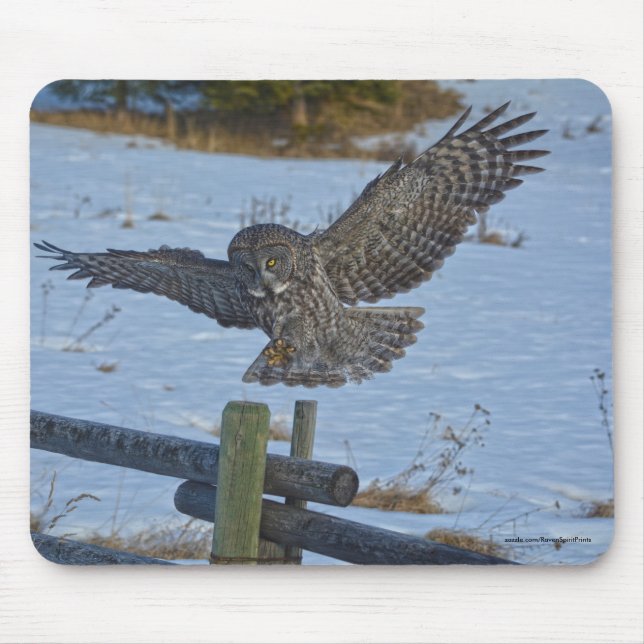 Landing Great Grey Owl and Snow Wildlife Raptor Mouse Mat (Front)