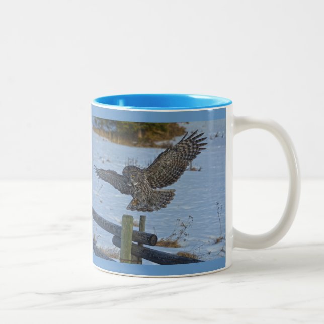 Landing Great Grey Owl and Snow Wildlife Raptor Two-Tone Coffee Mug (Right)