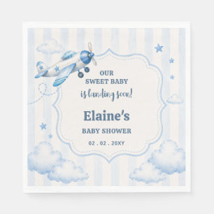 Landing Soon Blue Boy Aeroplane Baby Shower Napkin