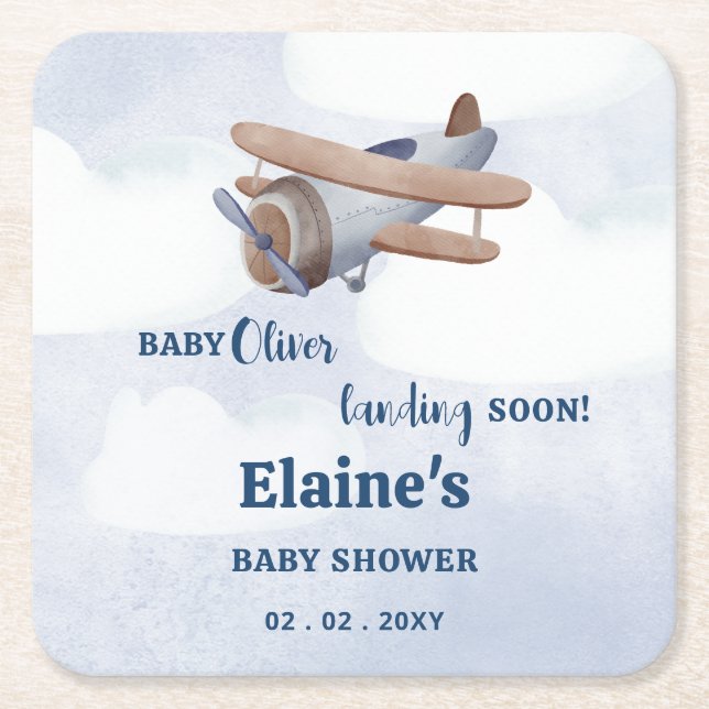 Landing Soon Blue Boy Aeroplane Baby Shower Square Paper Coaster (Front)