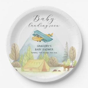 Landing Soon Vintage Airplane Forest Baby Shower Paper Plate