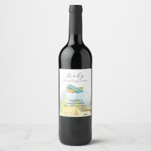 Landing Soon Vintage Airplane Forest Baby Shower Wine Label