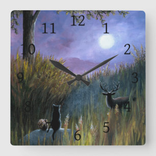 Landscape 464 Moon Black Cat Squirrel Deer Square Wall Clock
