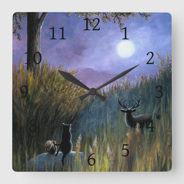 Landscape 464 Moon Black Cat Squirrel Deer Square Wall Clock (Front)